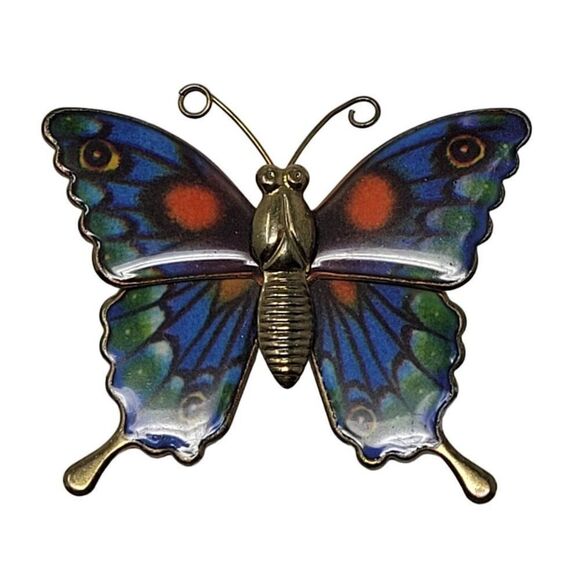 Vintage Gold Tone Enamel Butterfly Brooch Pin Pendant Blue Green Whimsical Gift - Picture 1 of 6